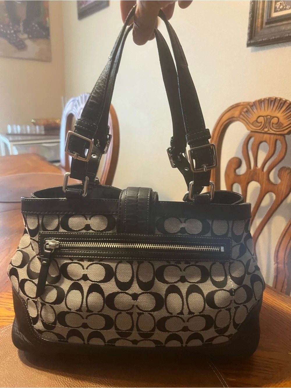 Coach Black and gray Signature Canvas Tote with Buckle Strap!